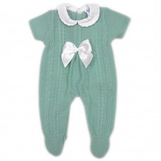 MC767-Sage: Baby Short Sleeve Knitted All In One With Bow (0-9 Months)